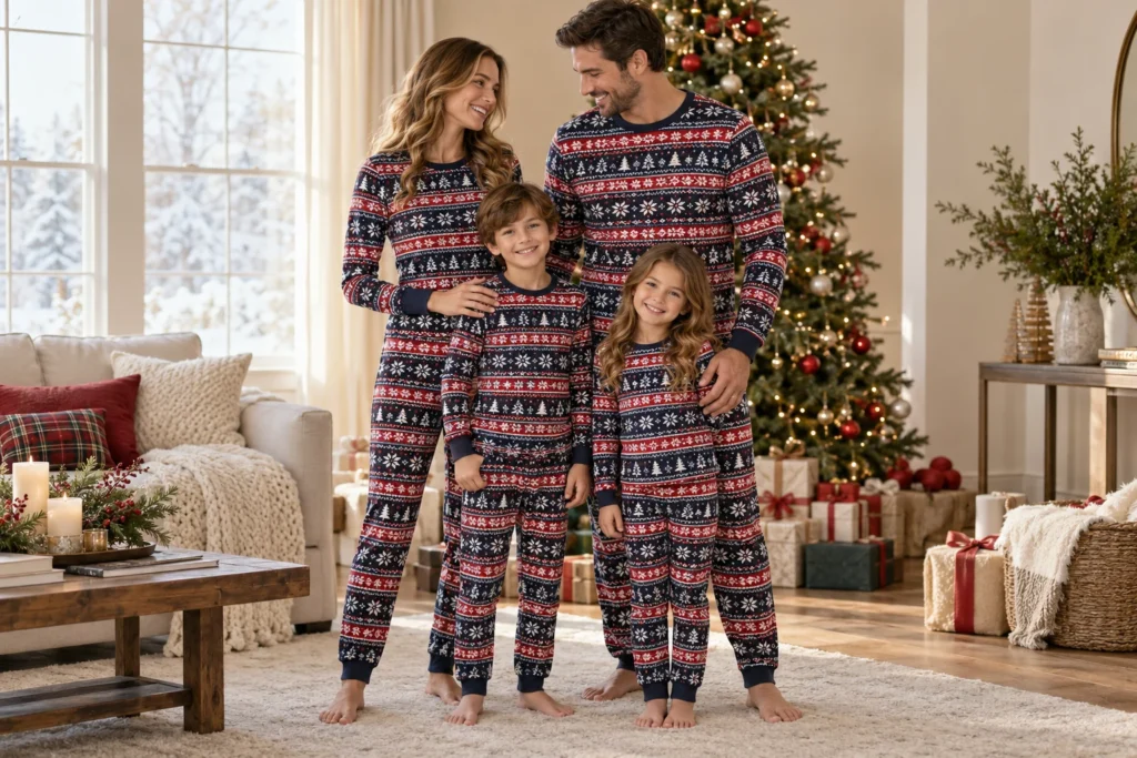 Fair Isle Family Matching Christmas Pajamas shown in a full outfit view