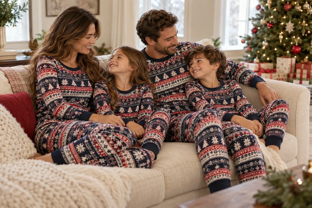 Fair Isle Family Matching Christmas Pajamas shown in an alternate seated view
