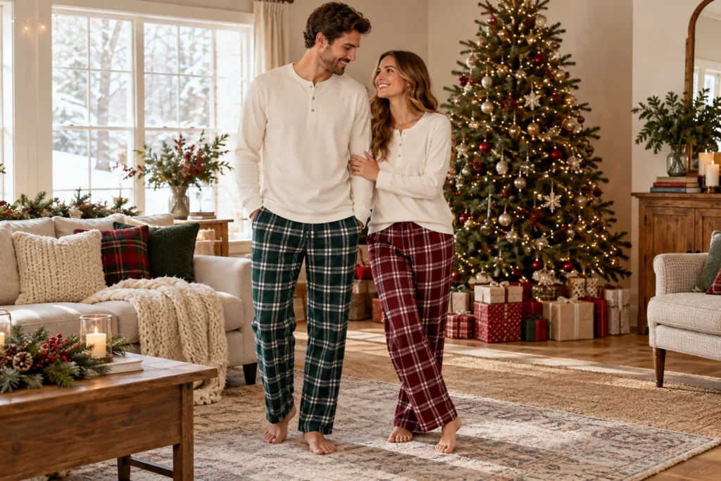 Coordinated Mix-and-Match Christmas Pajamas shown in a full outfit view