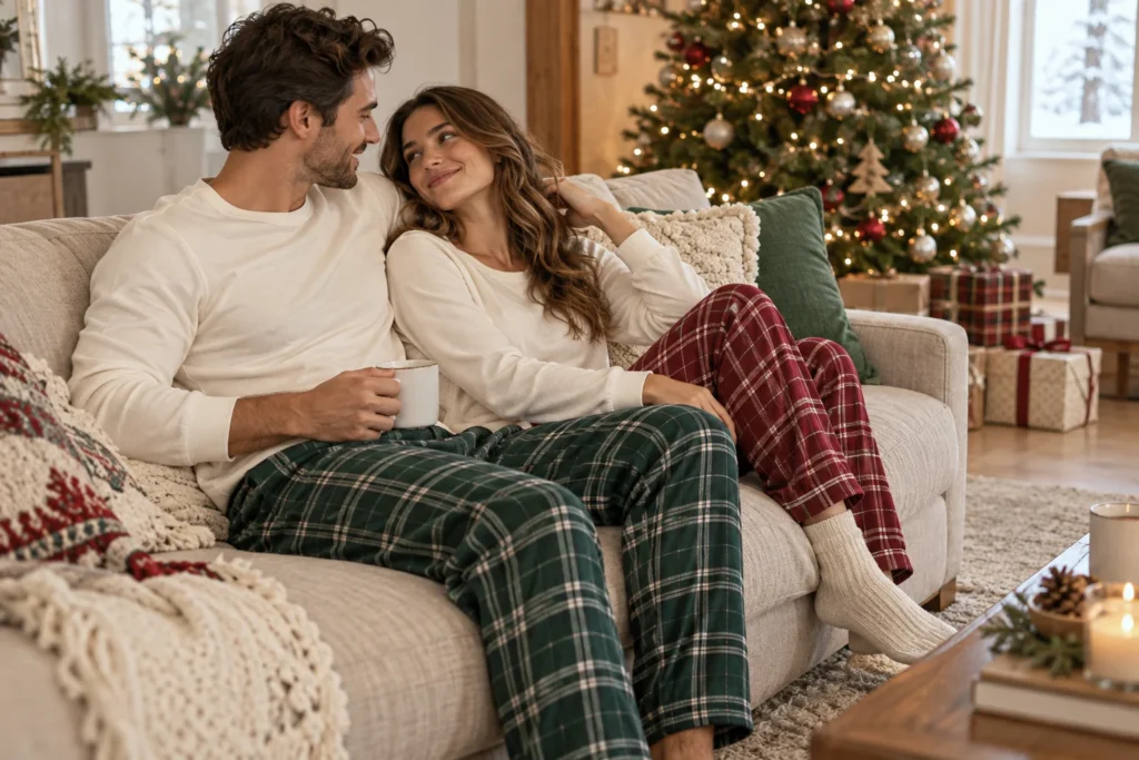 Coordinated Mix-and-Match Christmas Pajamas shown in an alternate seated view