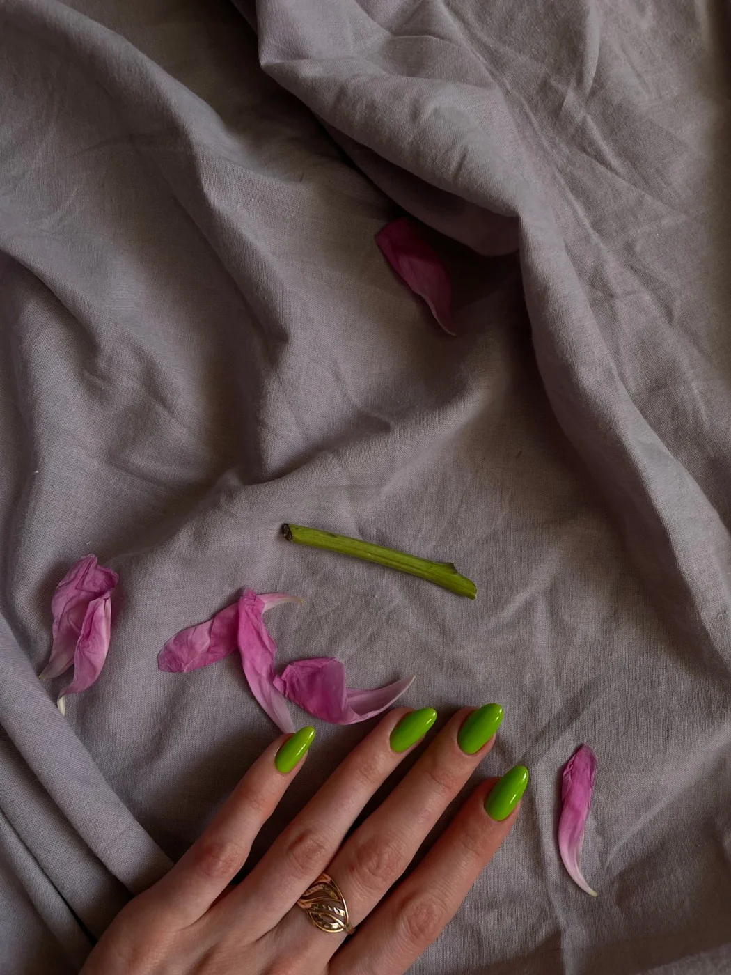 Green polished nails with a gold ring and pink petals on grey fabric