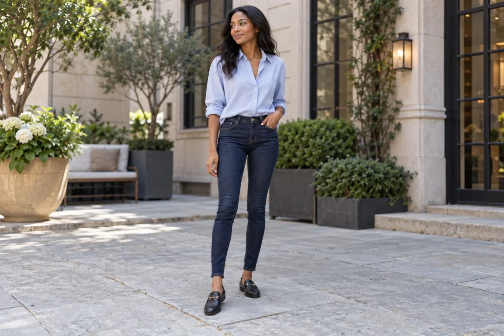 Woman wearing dark indigo skinny jeans with a pale blue shirt and black loafers