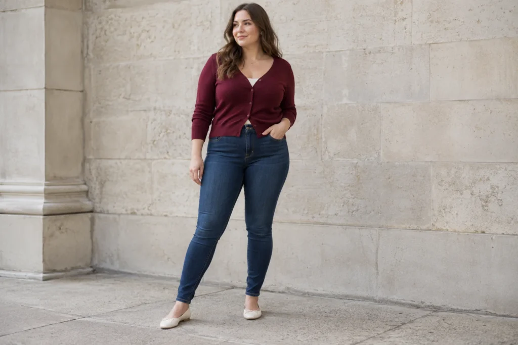 Woman wearing dark blue skinny jeans with a burgundy cardigan and cream ballet flats